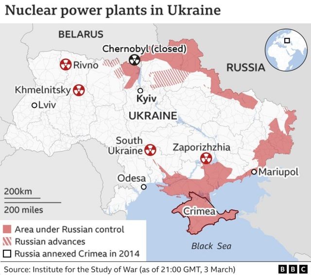 Bản đồ các nhà mày điện hạt nhân nằm trên khắp lãnh thổ Ukraine