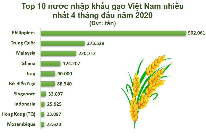 Top 10 nước nhập khẩu gạo Việt Nam nhiều nhất 4 tháng đầu năm 2020