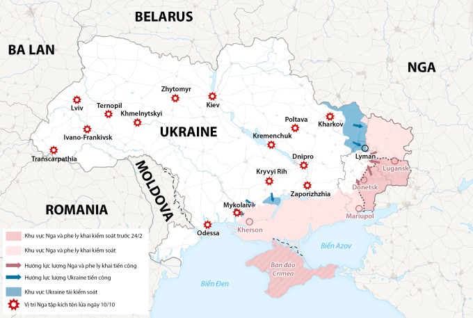 Những thành phố Ukraine bị Nga tập kích hôm 10/10. Đồ họa: WP.