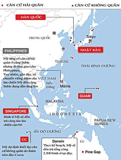 Sơ đồ phân bổ lực lượng Mỹ tại tây Thái Bình Dương - Đồ họa: Hoàng Đình/Ảnh: Reuters